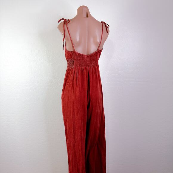 Urban Outfitters Tilly Lace Inset Crochet Boho Gauze Jumpsuit Rust Red Sz S NWT - Picture 9 of 12